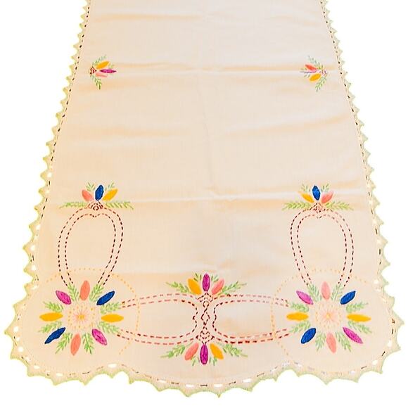 Vintage 40"x17" Hand-Embroidered Floral Boho Tablecloth Runner w/Crochet Trim - Picture 7 of 11